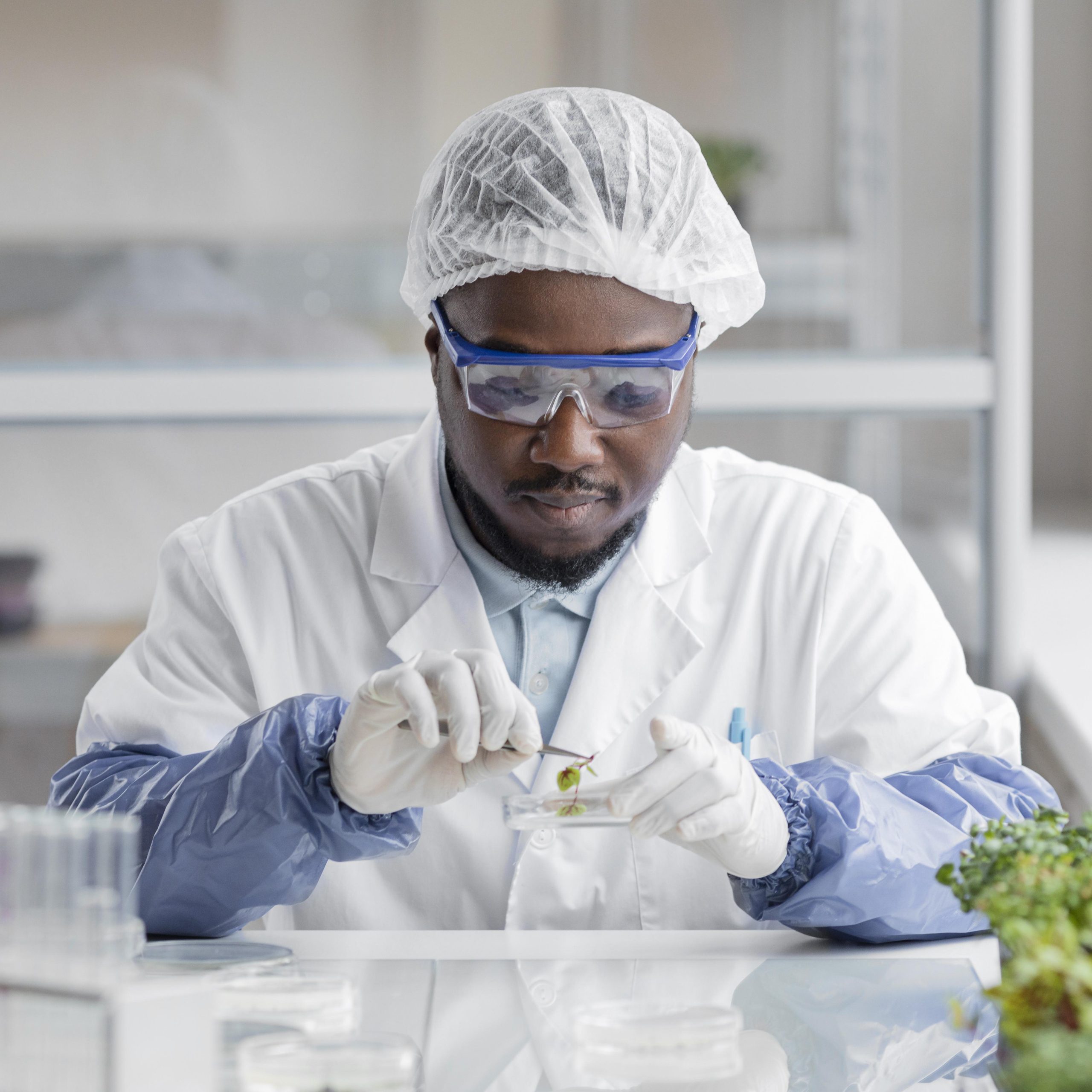 male researcher biotechnology laboratory with petri dish